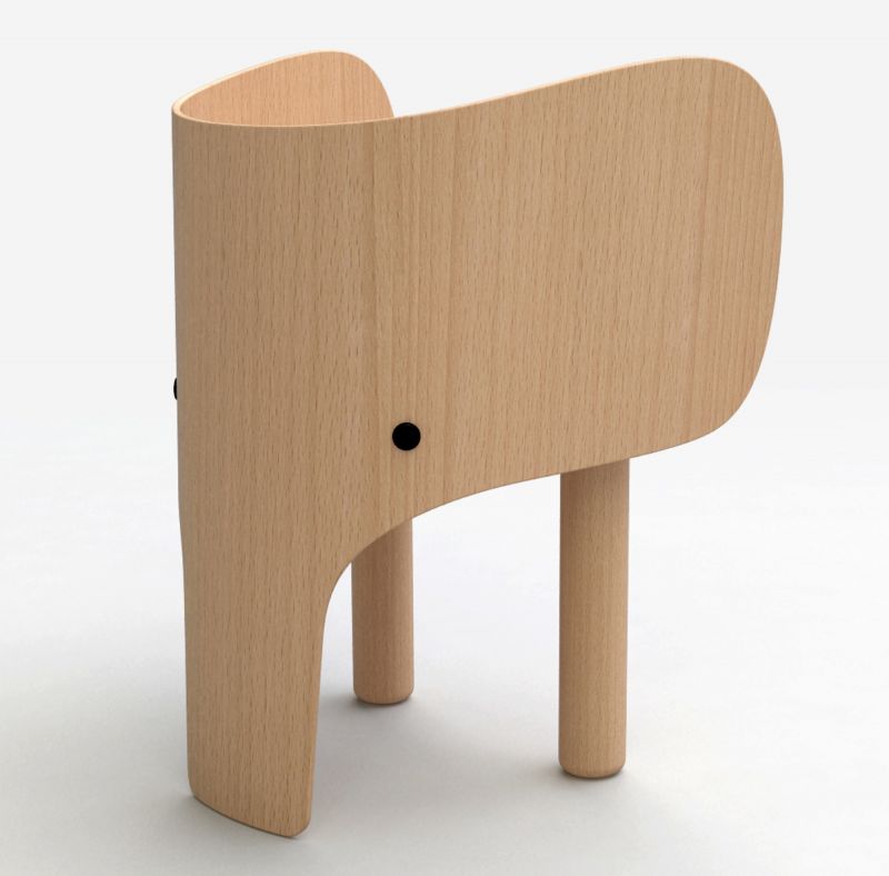 Holzfarbener Elephant Chair Kinderstuhl mit Elefanten-Design und zwei Beinen, ideal für Kinderzimmer.